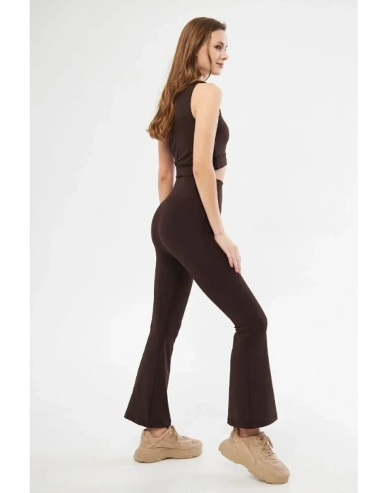 İspanyol Paça Taytli Croplu Takım  Kahve