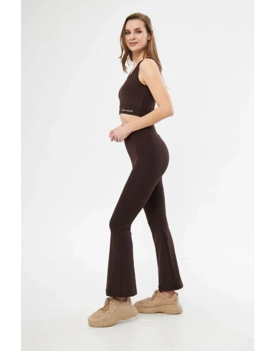 İspanyol Paça Taytli Croplu Takım  Kahve