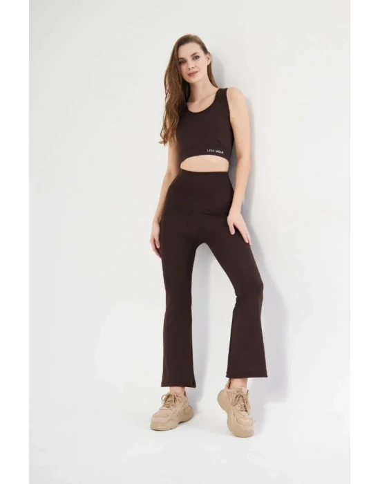 İspanyol Paça Taytli Croplu Takım  Kahve