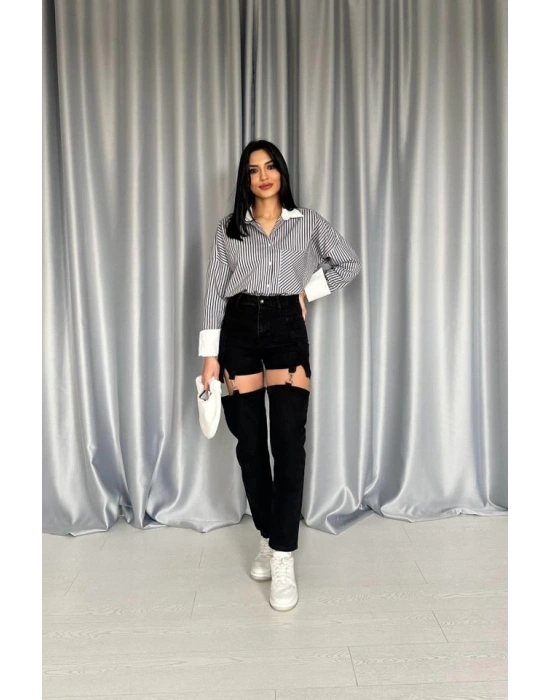 Siyah Askılı İki Parça Jeans Pantolon