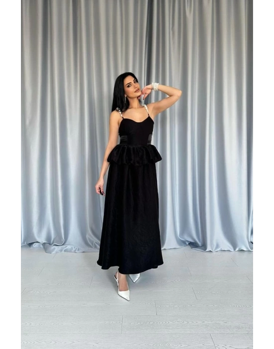 iyah Beli Büzgülü İnci Askılı Uzun Elbise