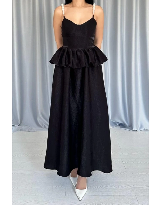 iyah Beli Büzgülü İnci Askılı Uzun Elbise