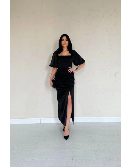 Siyah Büzgülü Saten Elbise
