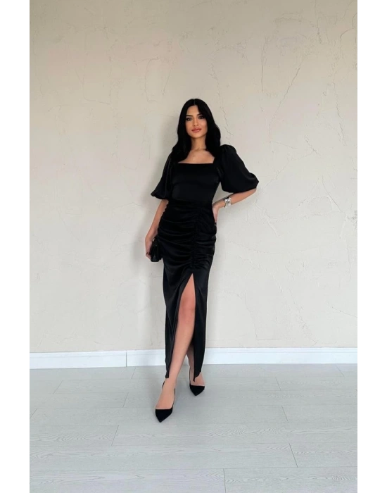 Siyah Büzgülü Saten Elbise