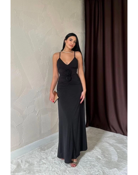 Siyah Büzgülü Uzun Güllü Elbise