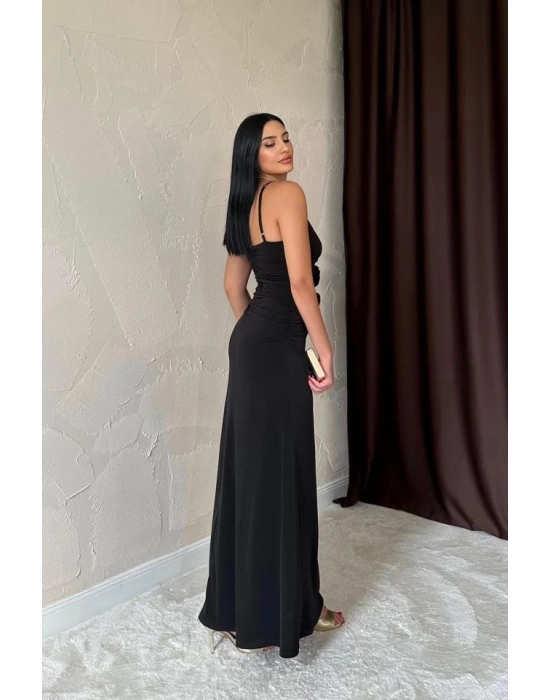 Siyah Büzgülü Uzun Güllü Elbise