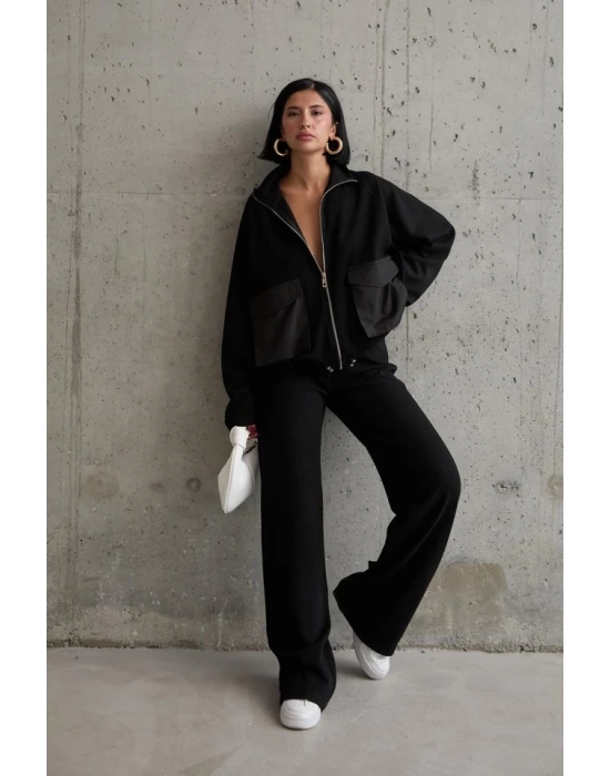 Siyah Cepli Triko Ceket Ve Pantolon Takım