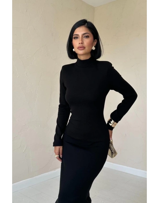 Siyah Eteği Garnili Triko Elbise