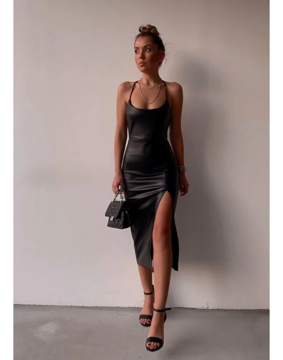 iyah ırt Dekolteli Deri Elbise