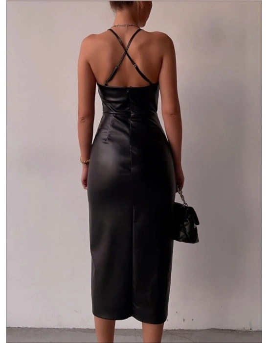 iyah ırt Dekolteli Deri Elbise