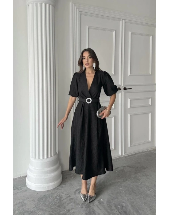 Siyah Işıltılı Kemerli Kruvaze Elbise