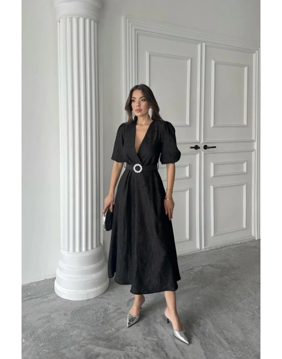 Siyah Işıltılı Kemerli Kruvaze Elbise