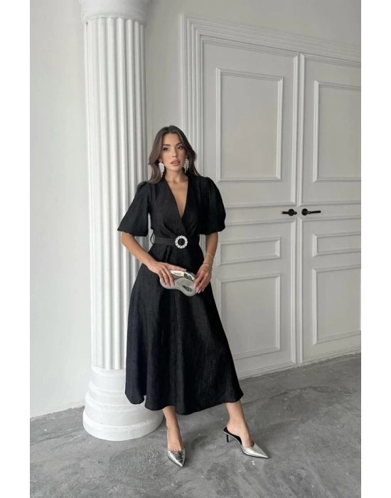 Siyah Işıltılı Kemerli Kruvaze Elbise