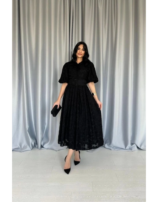 Siyah Kemerli Balon Kollu Elbise