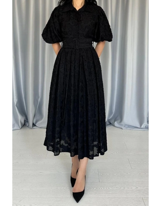 Siyah Kemerli Balon Kollu Elbise