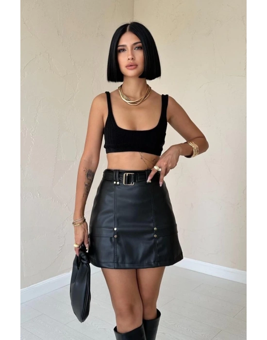 Siyah Kemerli Mini Deri Etek