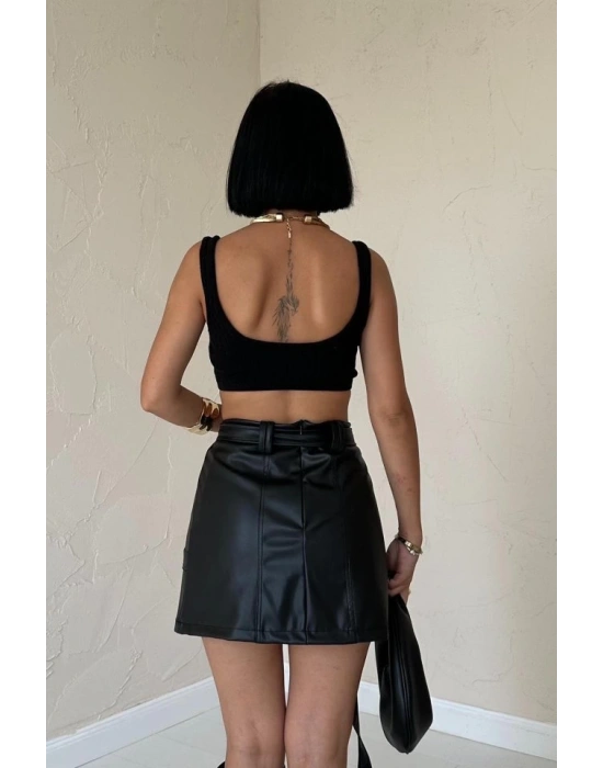 Siyah Kemerli Mini Deri Etek