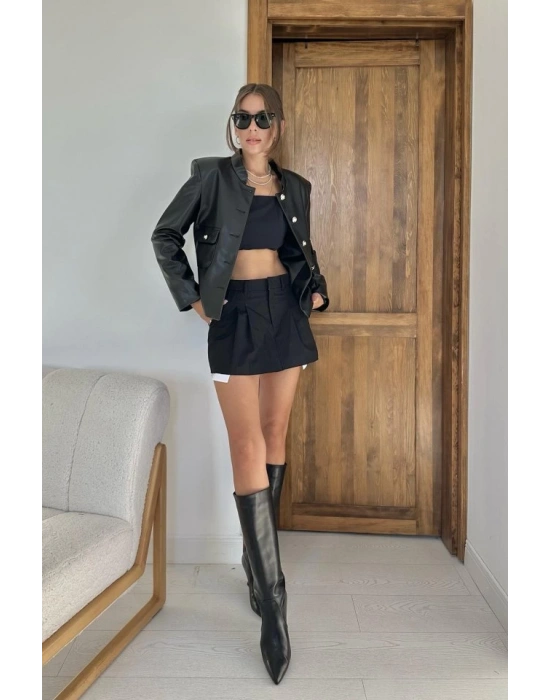 iyah Önü Düğme Kapamalı Deri Ceket