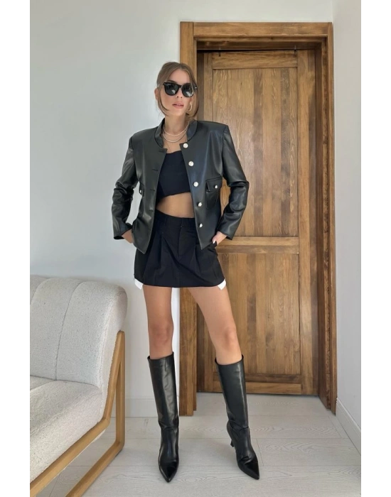 iyah Önü Düğme Kapamalı Deri Ceket