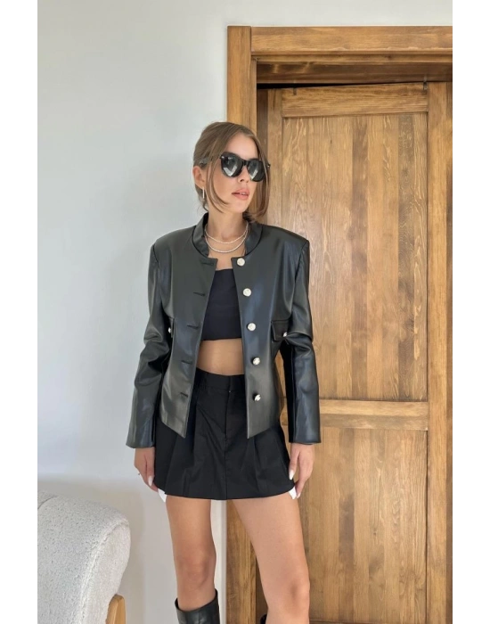 iyah Önü Düğme Kapamalı Deri Ceket