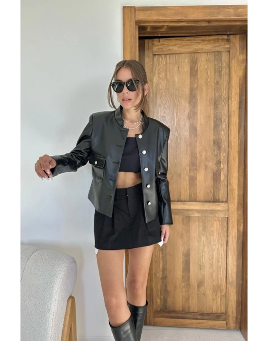 iyah Önü Düğme Kapamalı Deri Ceket