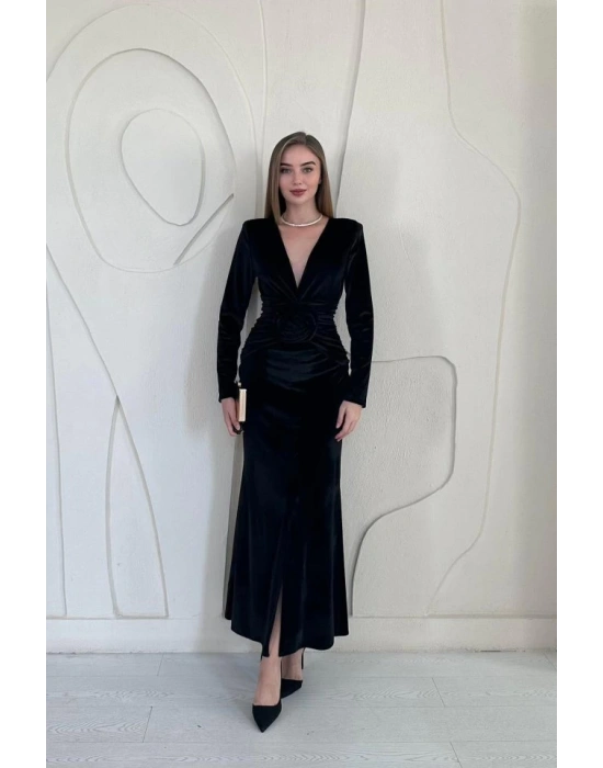 Siyah Önü Yırtmaçlı Güllü Elbise