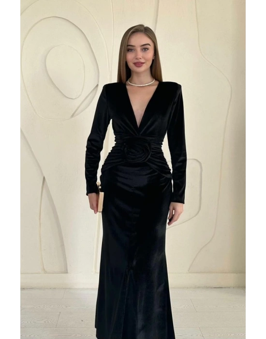 Siyah Önü Yırtmaçlı Güllü Elbise