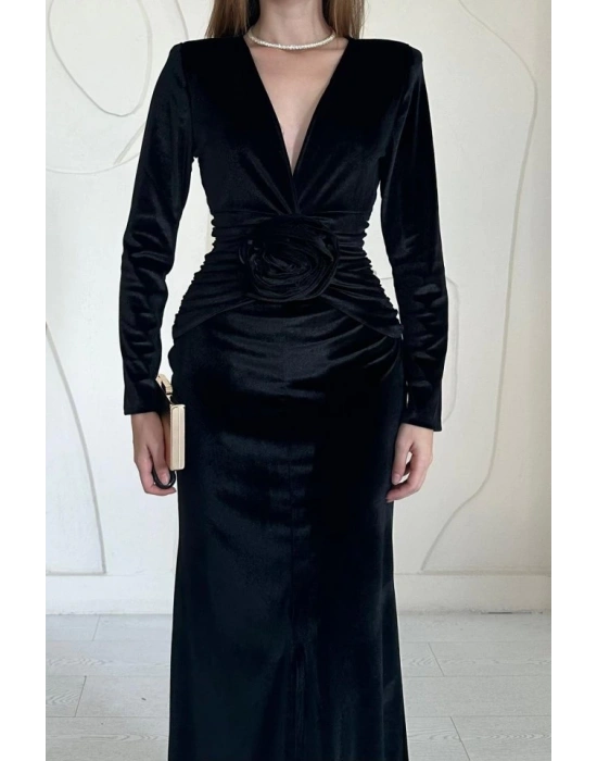 Siyah Önü Yırtmaçlı Güllü Elbise