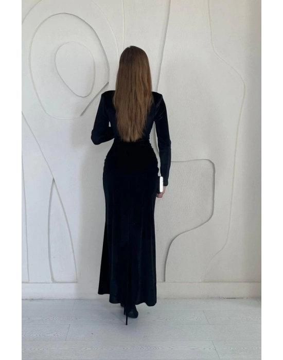 Siyah Önü Yırtmaçlı Güllü Elbise