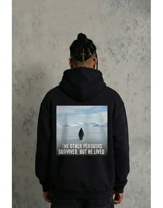 iyah Oversize Hoodie  ırt Baskılı urvivor Penguin Temalı, Felsefi Yazılı Kapüşonlu weatshirt  iyah