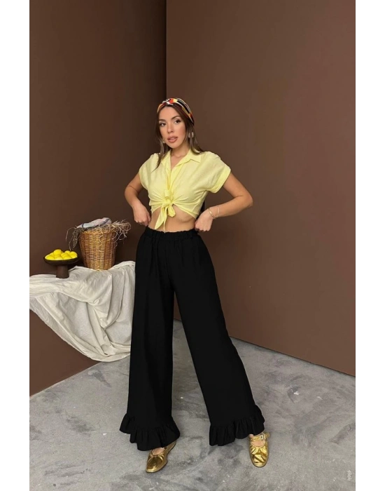 iyah Paçası Fırfırlı Keten Pantolon