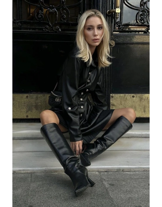 Siyah Piliseli Deri Elbise