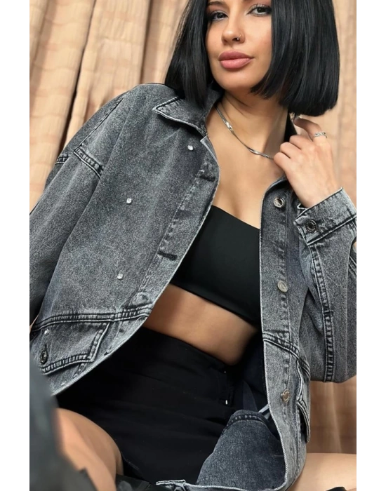 Siyah Taşlı Kot Ceket