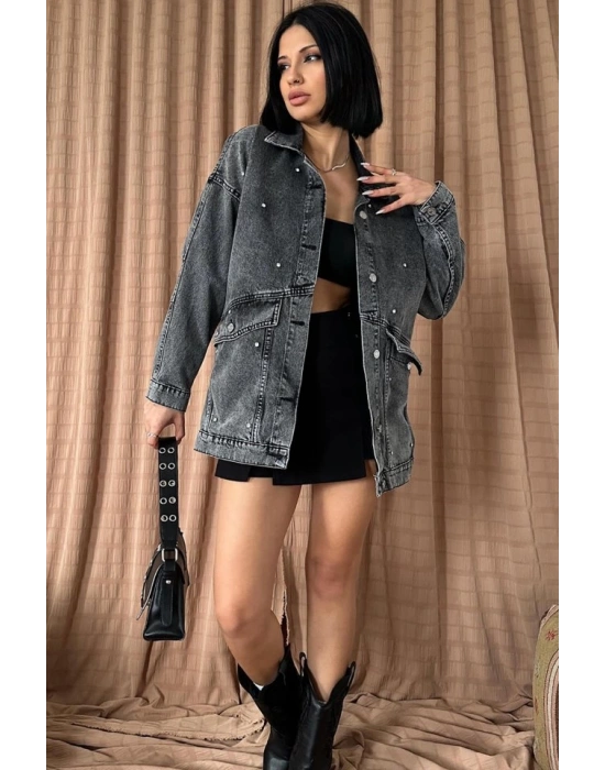 Siyah Taşlı Kot Ceket