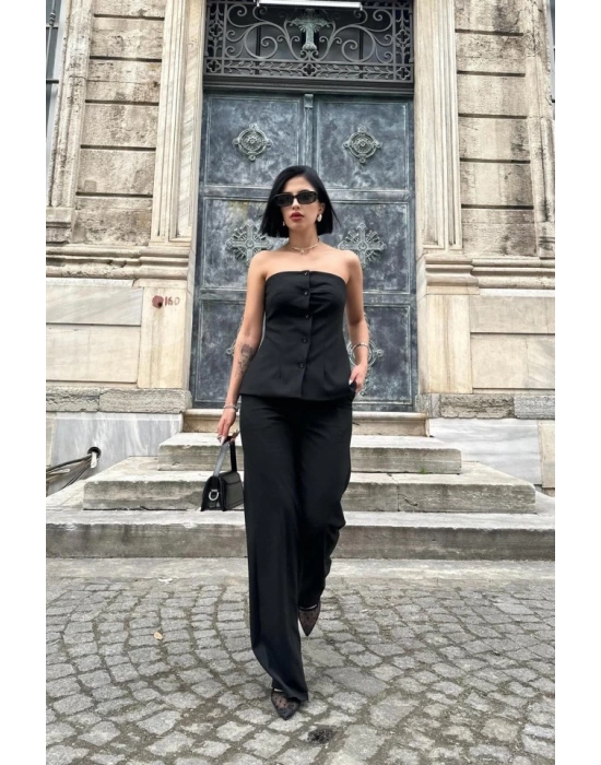 iyah traplez Düğmeli Crop Ve Pantolon Takım