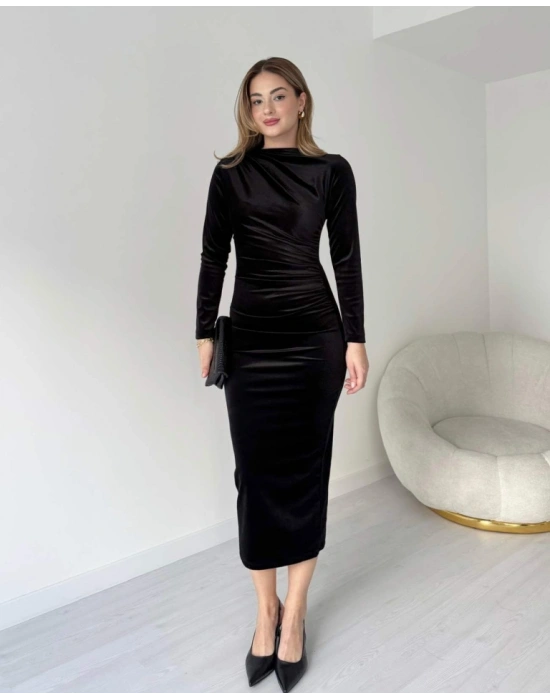 iyah Uzun Kollu Büzgü Detay Kadife Kumaş Midi Boy Elbise