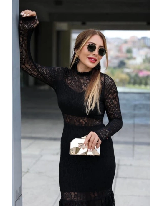 iyah Uzun Kullu Güpür Ve Transparan Detay Diz üstü Elbise