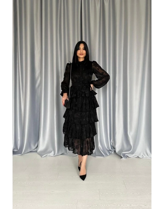 Siyah Valonlu Şeritli Kat Kat Elbise