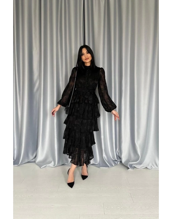 Siyah Valonlu Şeritli Kat Kat Elbise