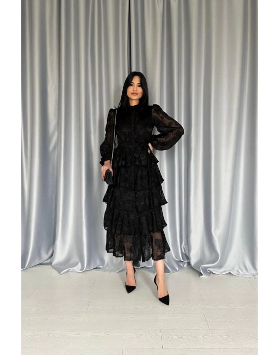 Siyah Valonlu Şeritli Kat Kat Elbise