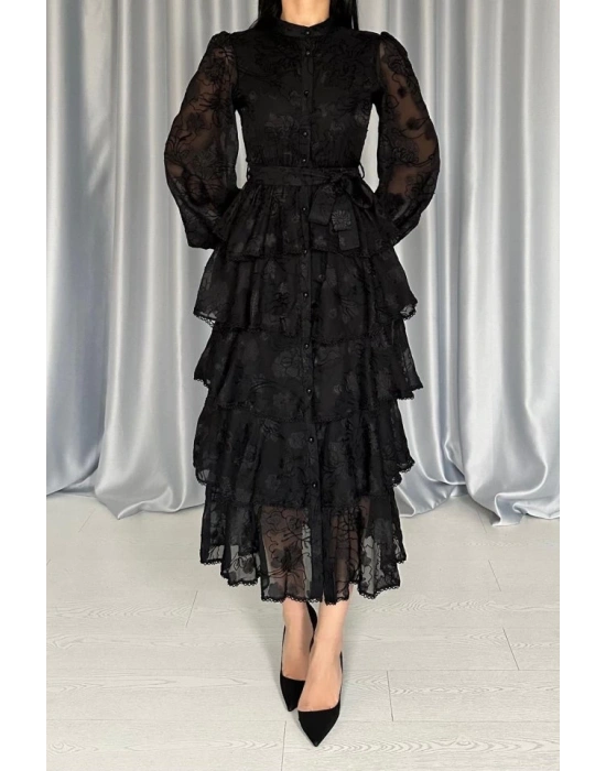 Siyah Valonlu Şeritli Kat Kat Elbise