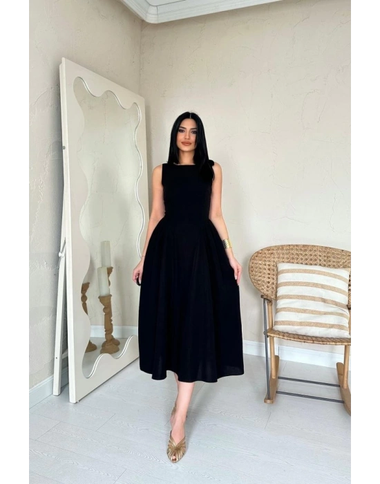 iyah Yanları Büzgülü idi Boy Keten Elbise