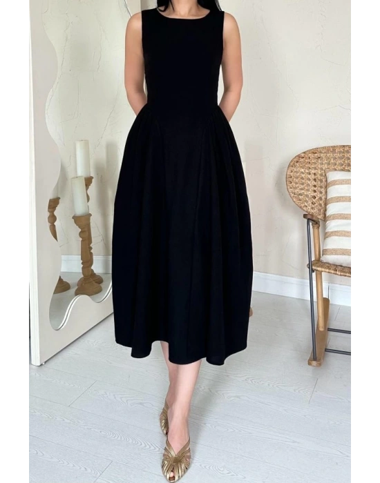 iyah Yanları Büzgülü idi Boy Keten Elbise