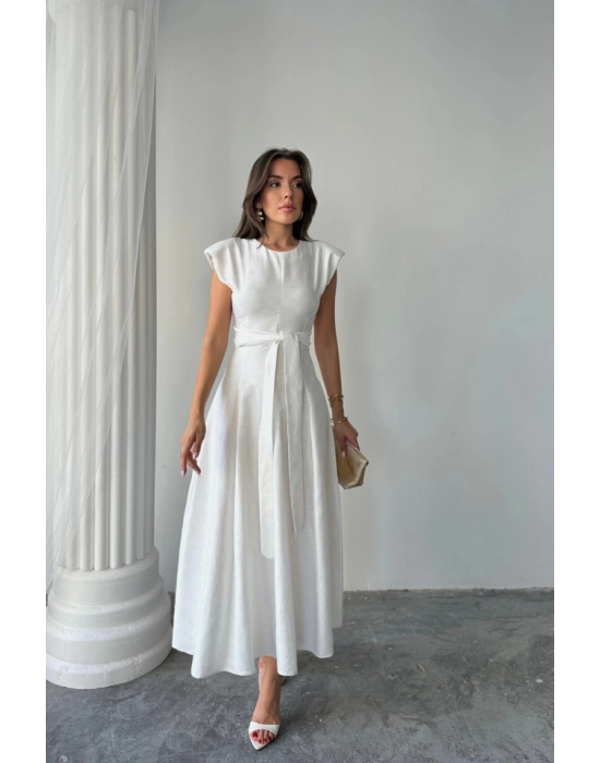JAKAR KETEN VATKALI ELBİSE  Beyaz