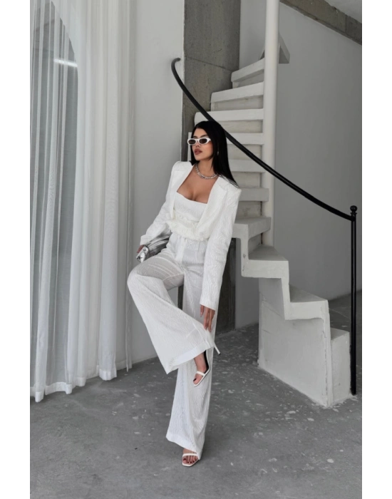 JAKARLI BLUZU TASARI DETAYLI CEKETPANTOLONBLUZ 3 LÜ TAKI  Beyaz