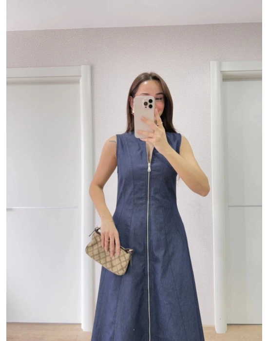 Jeans Kot Önü Tam Fermuarlı Uzun Elbise  avi