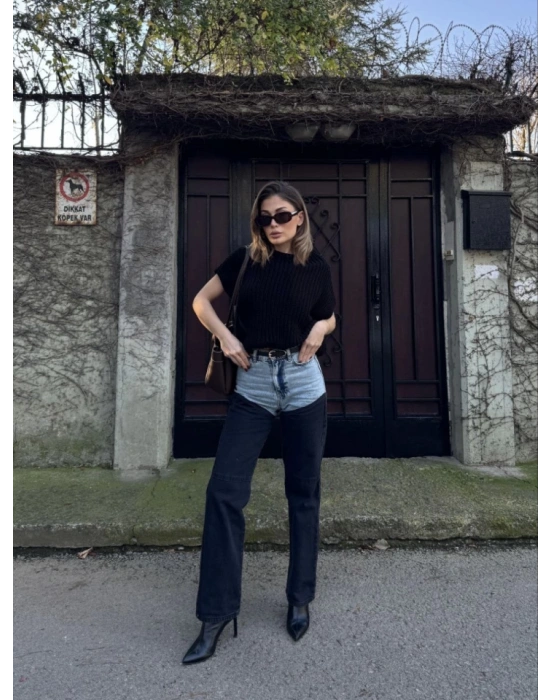 Jeans Kot Parçalı Palazzo Pantolon  iyah