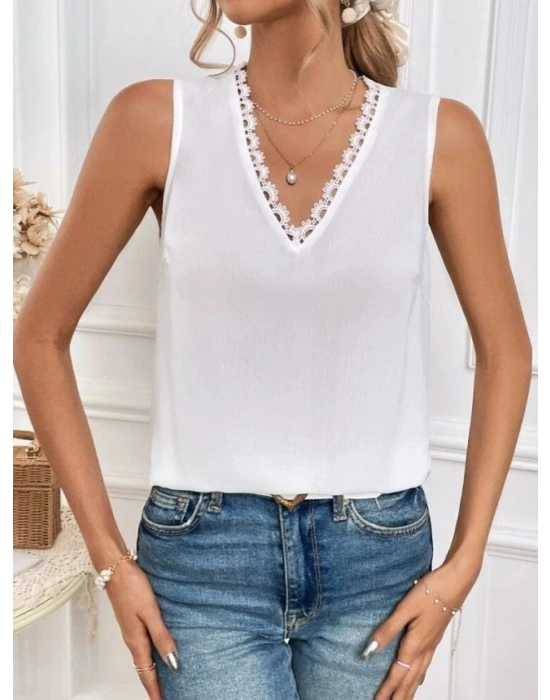 Kadı Askılı V Dantel Yakalı Sırttan Bağcıklı Sandy Bluz