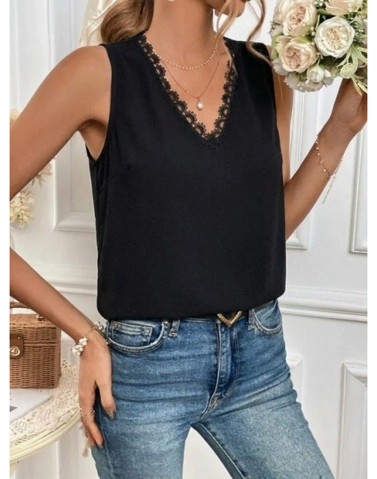 Kadı Askılı V Dantel Yakalı Sırttan Bağcıklı Sandy Bluz