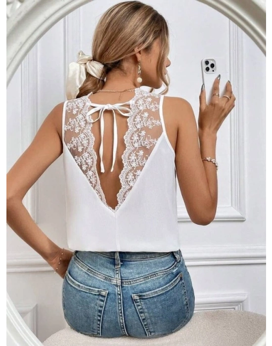 Kadı Askılı V Dantel Yakalı Sırttan Bağcıklı Sandy Bluz